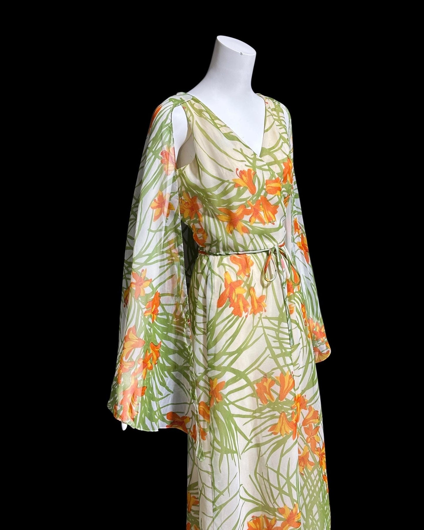 MARITA vintage evening dress gown, 1970s floral poly chiffon cape back scarf dress