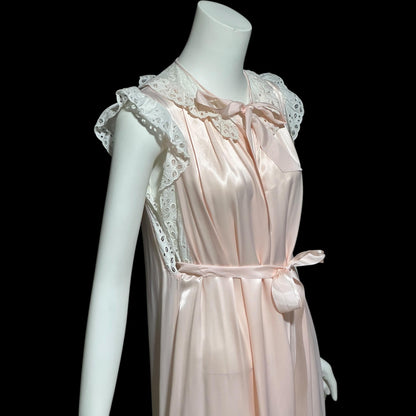 GODFRIED, vintage 1940s nightgown, Pink Bur-mil Rayon with white eyelet lace and waterfall back