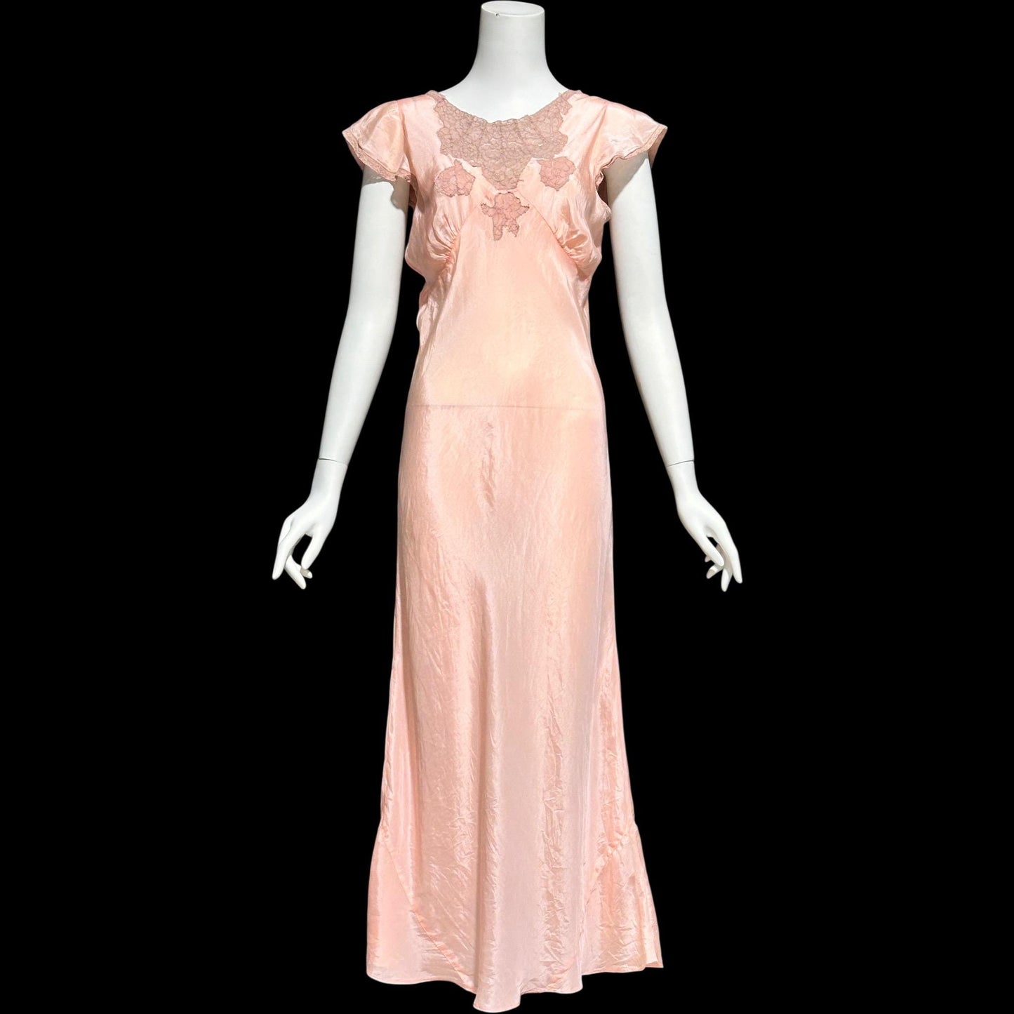 1930s Rayon Slip Dress: Vintage Bias Cut Shiny Peachy Pink Nightgown, Lace Trim