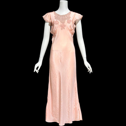 1930s Rayon Slip Dress: Vintage Bias Cut Shiny Peachy Pink Nightgown, Lace Trim