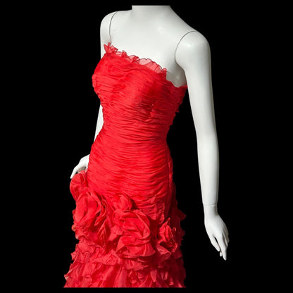 BELLVILLE SASSOON Lorcan Mullany, vintage 1980s evening dress, Red mermaid sheath gown, strapless tiered ruffles with matching bolero