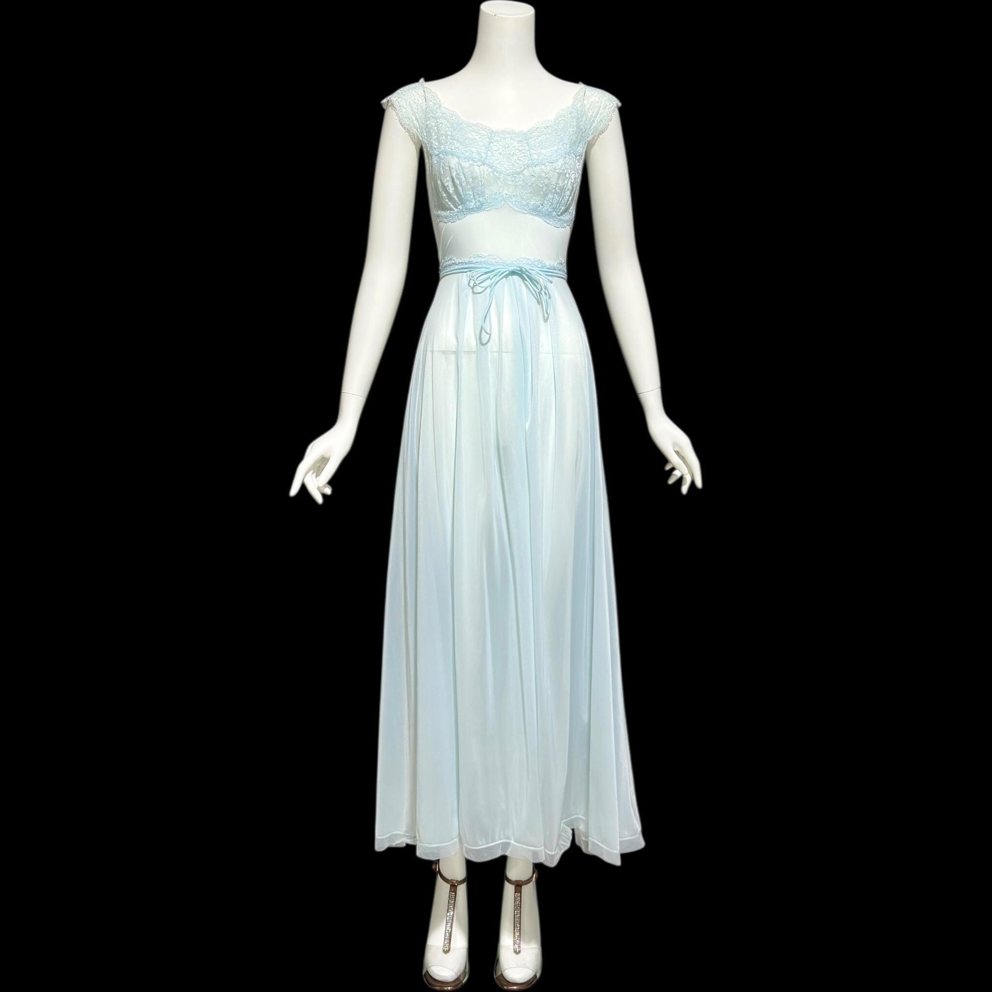 VANITY FAIR, vintage 1950s Nightgown Slip Dress, Sheer Powder Blue Nylon Lace House Dress
