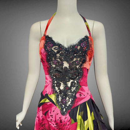 ROSE TAFT vintage 1990s evening dress gown, all silk pink and orange tiger lily floral chiffon halter gown