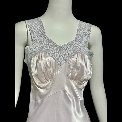 1940s vintage Nightgown slip dress, Shiny bias cut lavender night dress, full length with blue eyelet lace