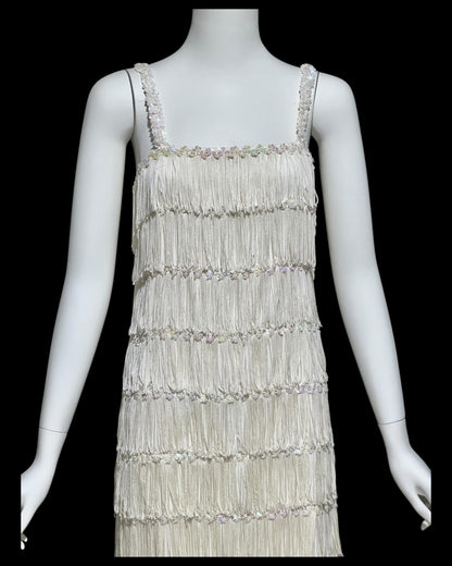 1960s vintage white fringed evening dress gown, column dress with sequins