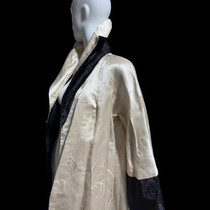 1950s Vintage evening swing coat, Reversible pearl and black shiny silk damask butterfly opera coat