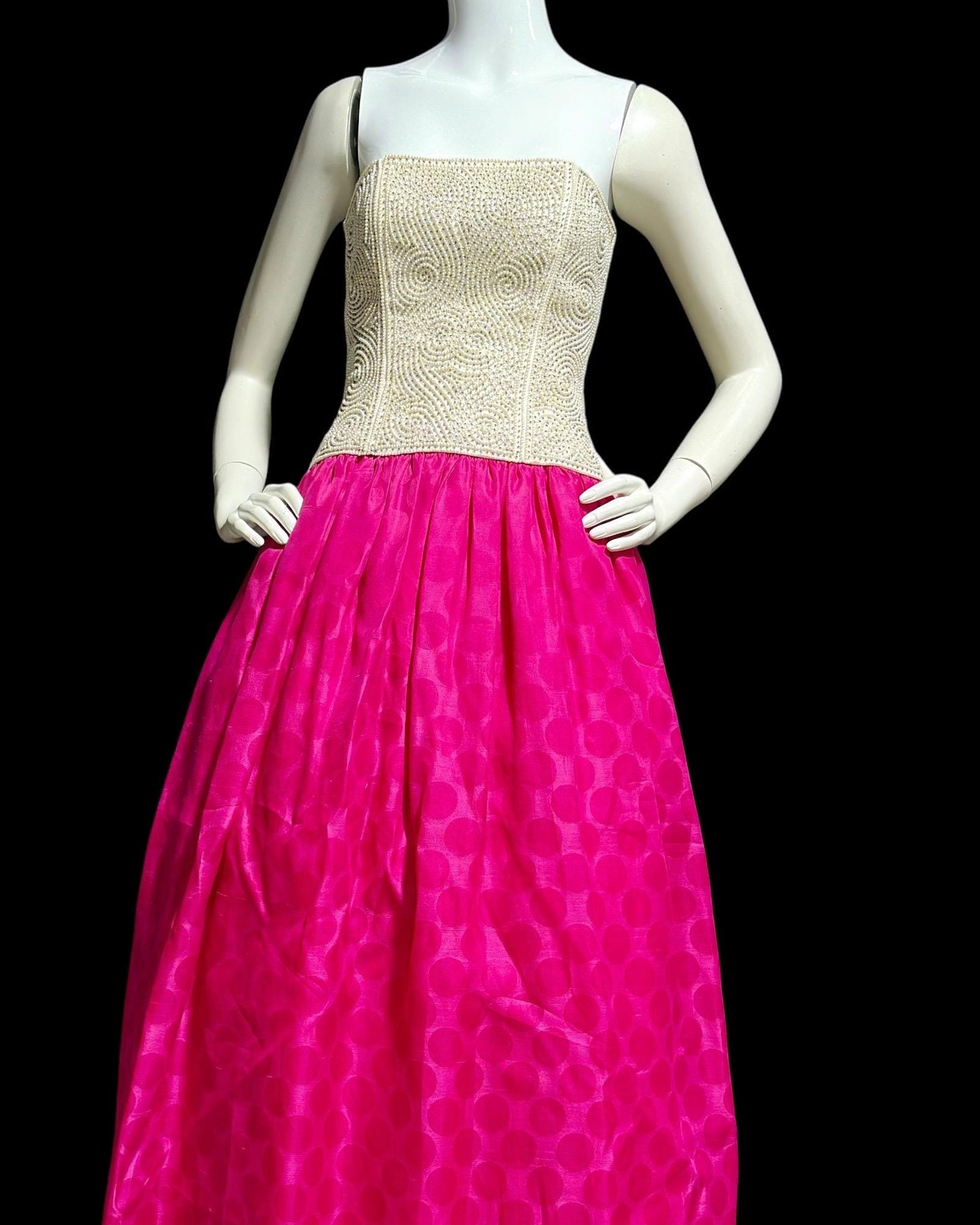 RICHILENE vintage 1980s Lord & Taylor strapless evening dress, white beaded hot pink polka dot skirt ball gown