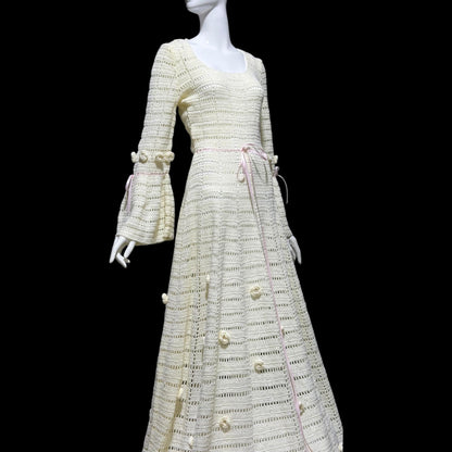 1970s Vintage evening wedding Dress: Hand crochet Mexican style Bohemian Gown - STRETCHY Large