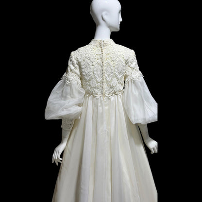 EMMA DOMB vintage wedding dress gown, 1960s white Queen Anne High Neck Juliet Puffed Sleeve Romantic Bride