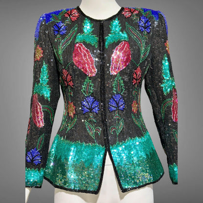 1980s vintage Evening jacket, vibrant jewel tone beaded and sequins princess cut elegant cocktail party jacket blouse top