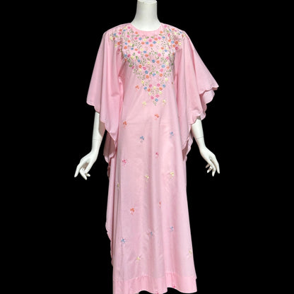 1970s vintage caftan dress, baby pink cotton, embroidered field of flowers, floral and cutwork Kaftan