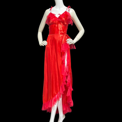 1940s vintage nightgown slip dress, Shiny lipstick red satin with a sheer mesh tulle ruffled trim