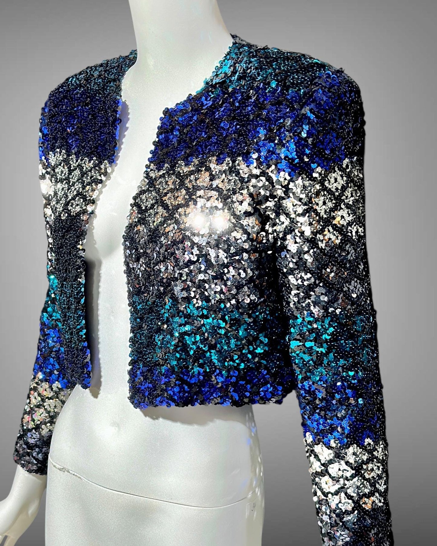 LILLIE RUBIN vintage Evening jacket, 1980s ombre sequins blue black silver cocktails party cropped jacket