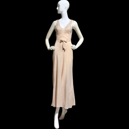 PEONY vintage 1950s Silk Nightgown slip dress, Dusty Pink bias cut hand embroidered gown