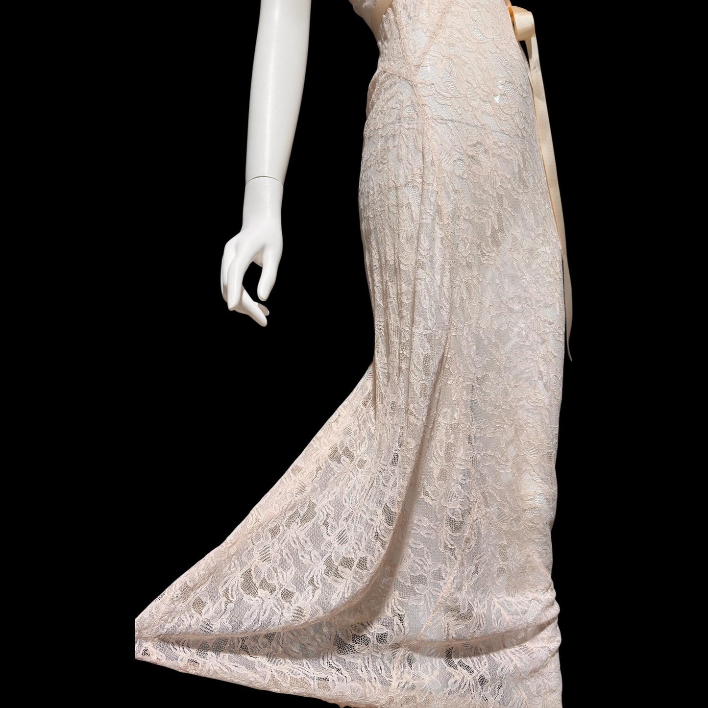 FRANKLIN SIMON vintage 1930s evening dress, totally sheer blush lace, bias cut see through feather weight sheath gown