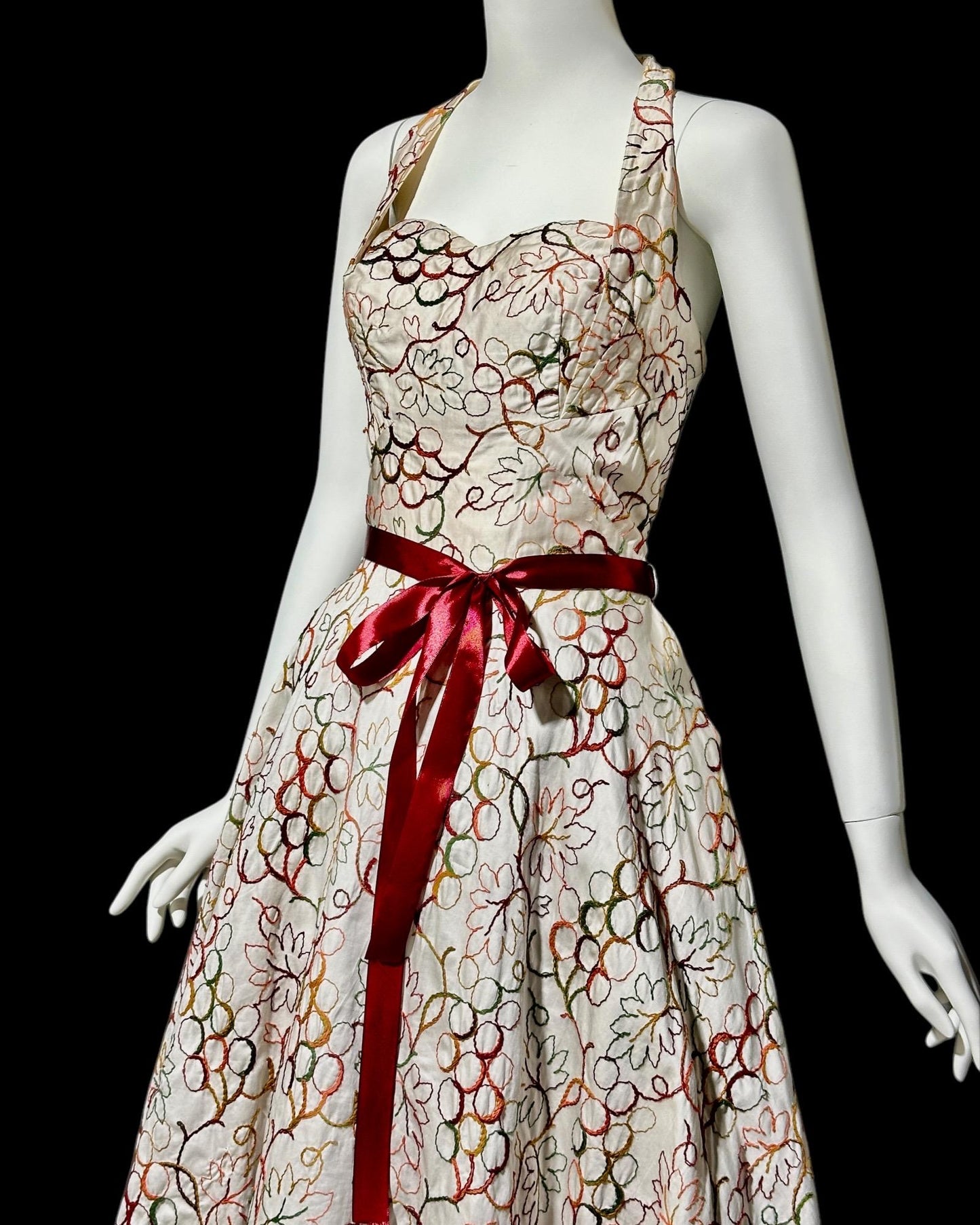 ALIX OF MIAMI, vintage 1950s Halter Sundress, cotton pinup dress with embroidery