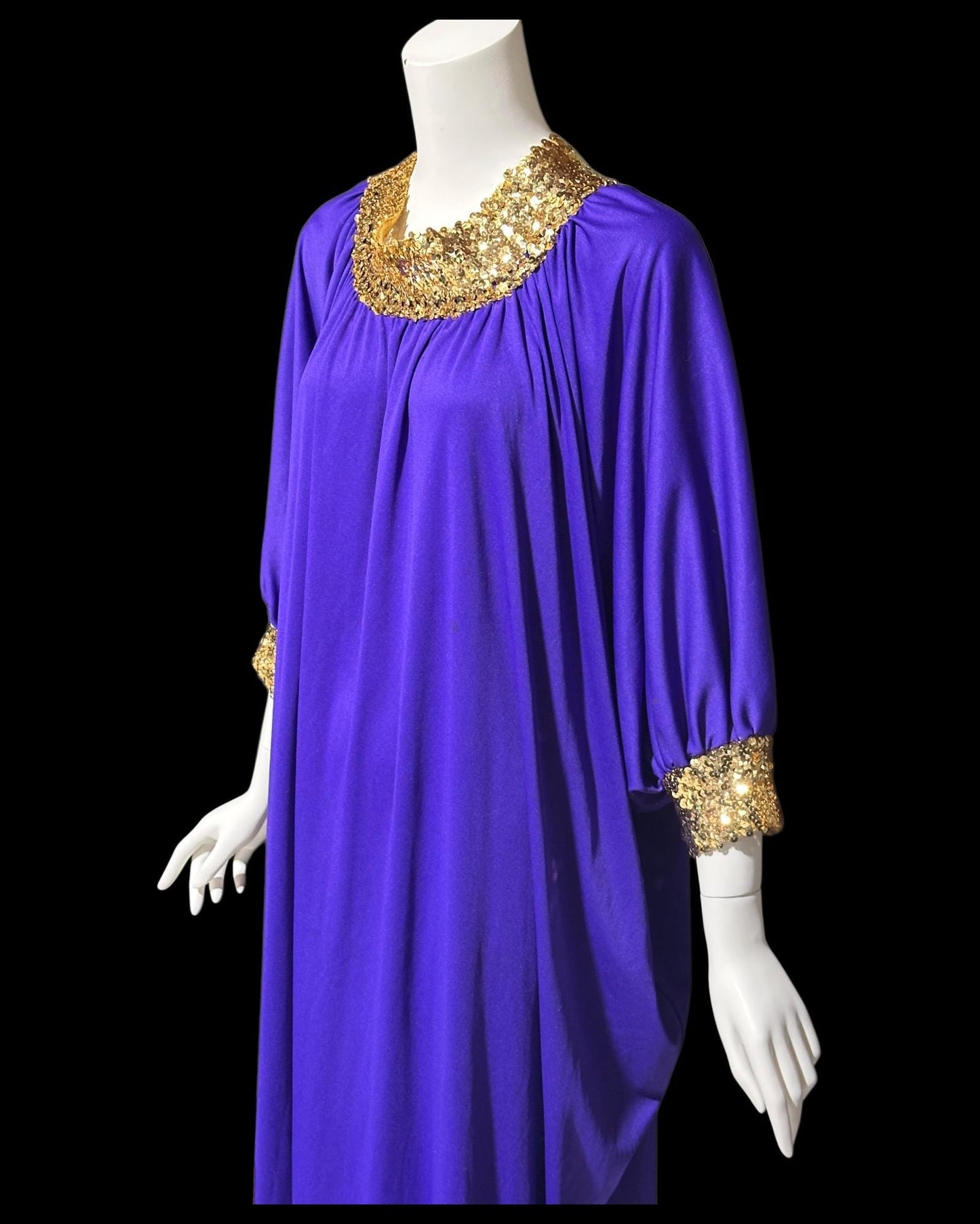 1970s vintage caftan dress, purple polyester batwing and sequin hostess evening dress