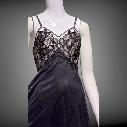VANITY FAIR Vintage 1950s nightgown slip dress, Black Nylon Metallic Lace Lingerie dress