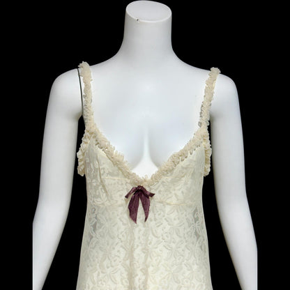 1950s vintage nightgown slip dress, ethereal sheer creamy lace night dress with ruffles