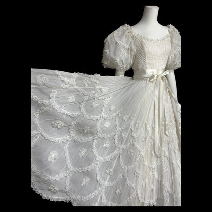 1970s Mexican Wedding dress, White cotton tiered lace ball gown, off shoulder huge Sleeves Bohemian gown
