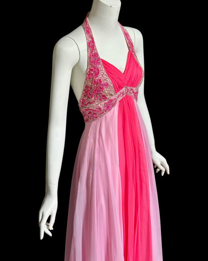 MIKE BENET evening prom dress, 1960s vintage pink chiffon beaded halter evening ball gown