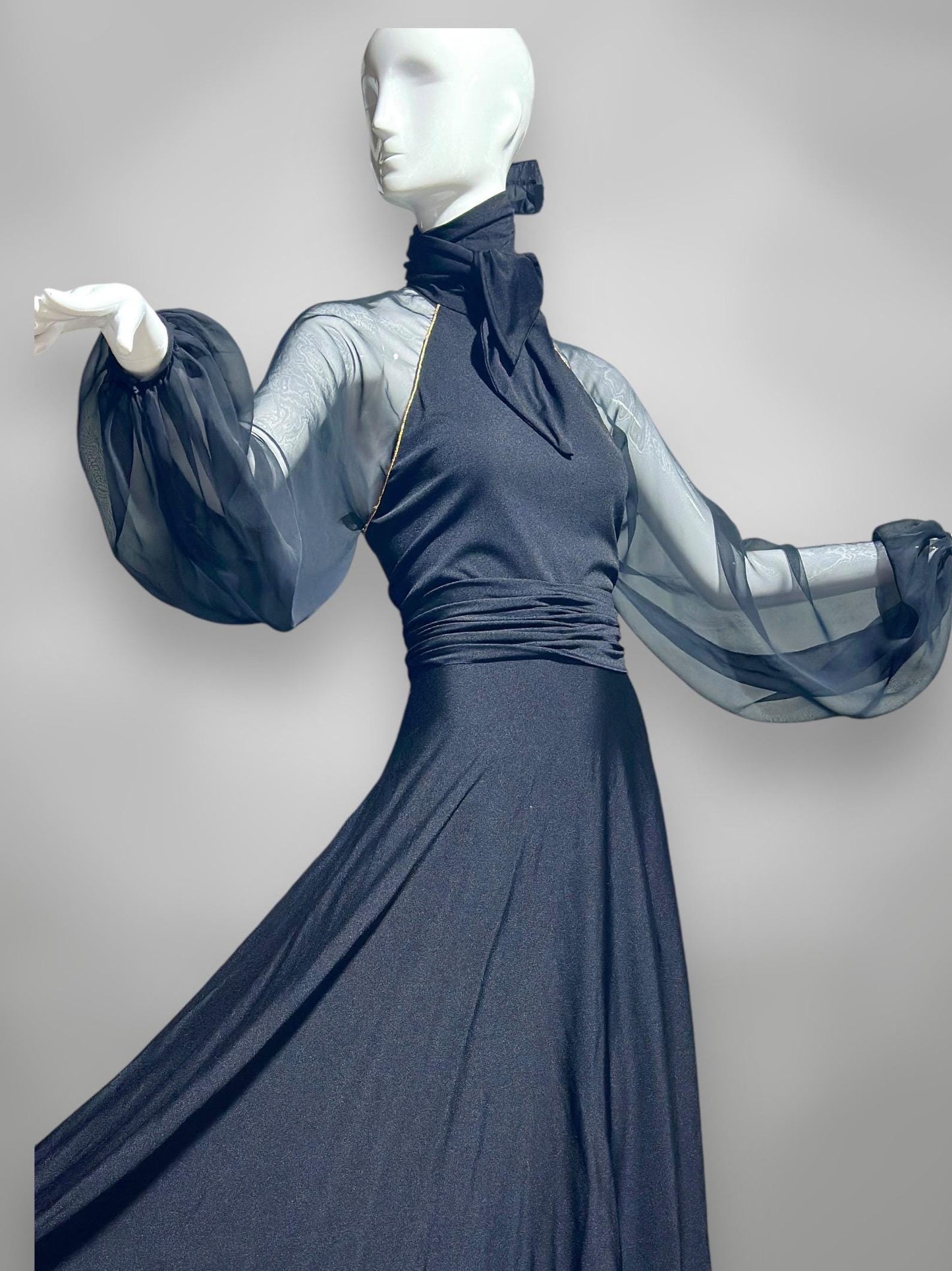 LILLIE RUBIN Collection 700, vintage 1970s evening gown, inky black jersey knit and chiffon ball gown