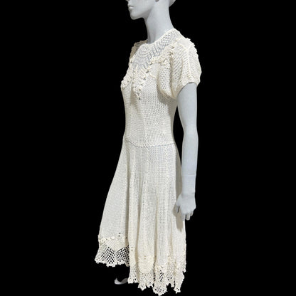 1970s vintage white crochet dress, all cotton blouson shirtdress, midi length