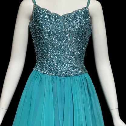 MIKE BENET, vintage 1960s evening dress, mermaid teal blue chiffon beaded sequins prom dress
