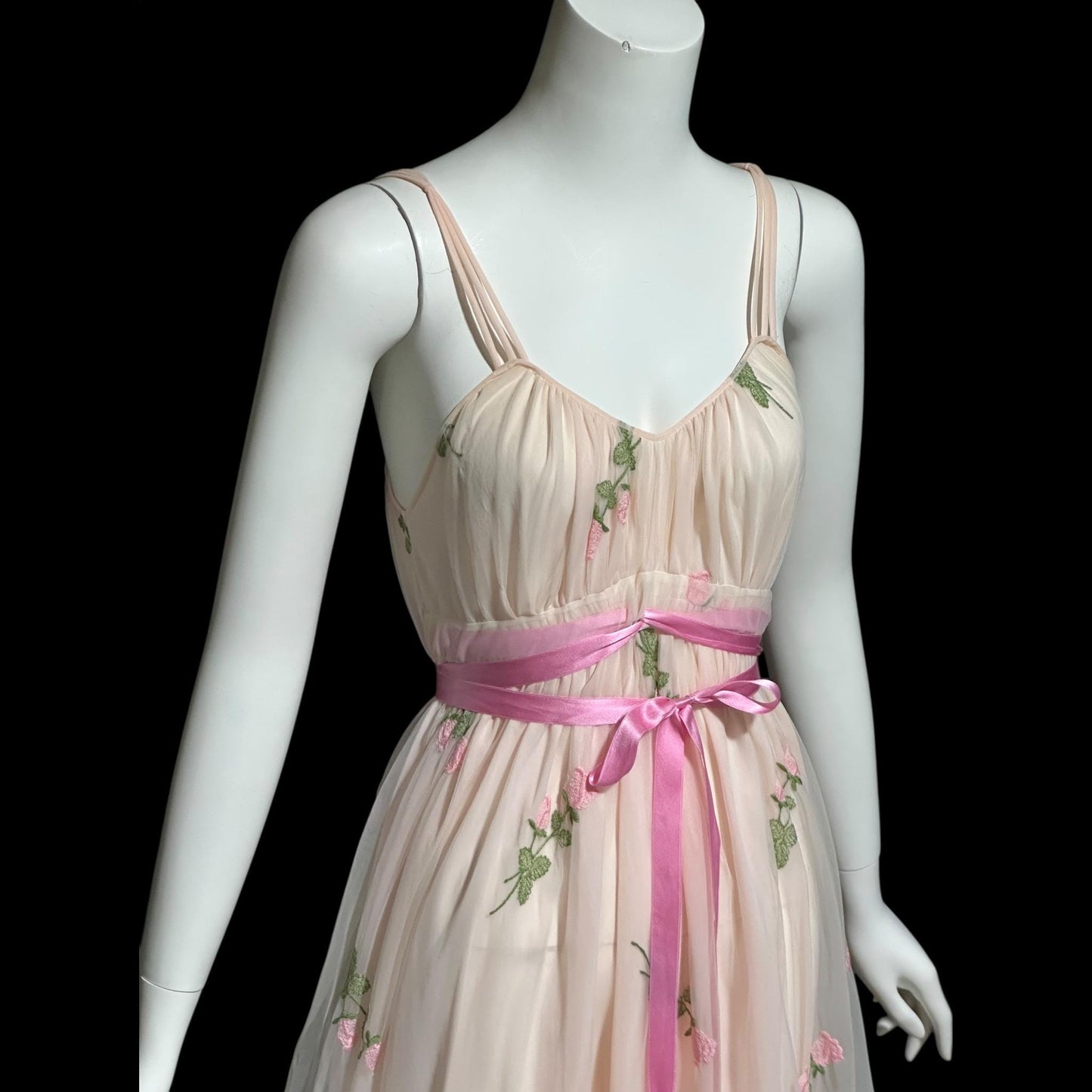 1950s Vintage nightgown slip dress, pink embroidered scattered rosebuds