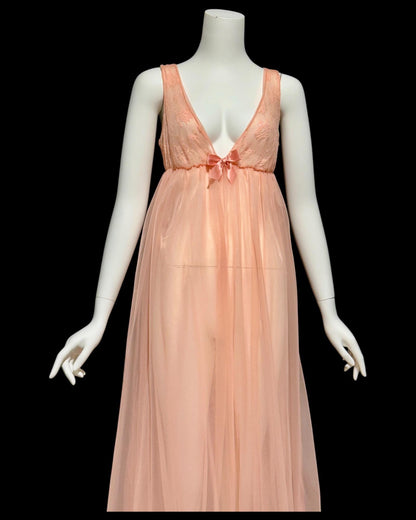 JENELLE vintage nightgown robe set, 1960s Orange Sherbet double layer chiffon peignoir set, Marabou feathers