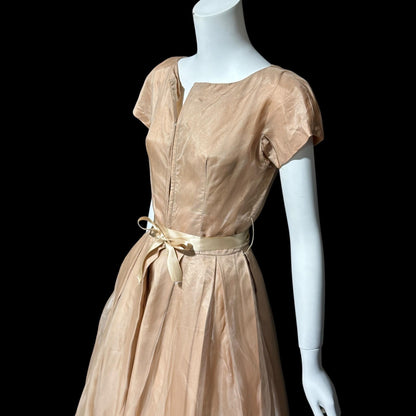 GIGI YOUNG, vintage 1950s dress, Toasty Caramel organza cocktail party dress, pleated fit & flare dress