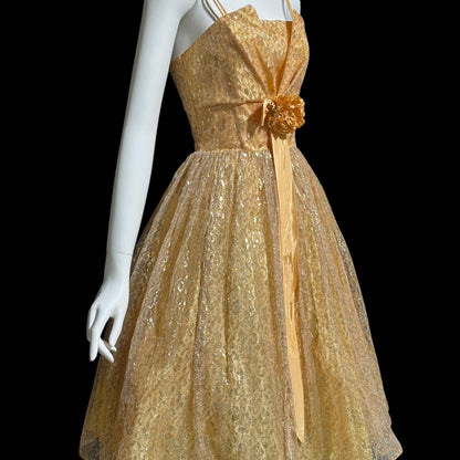 1950s vintage party dress, Peachy Copper sparkly metallic net tulle cocktail evening dress