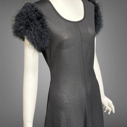 FIFTH AVENUE ROBES, vintage 1950s nightgown, black sheath evening gown with marabou sleeves, totally sheer house dress
