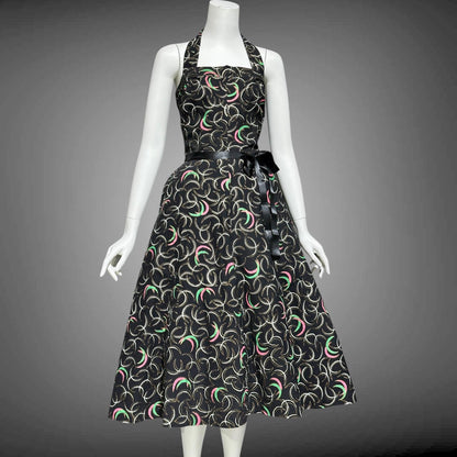 1950s vintage day dress, Shelf bust Halter Sundress, Black and pink cotton pinup dress