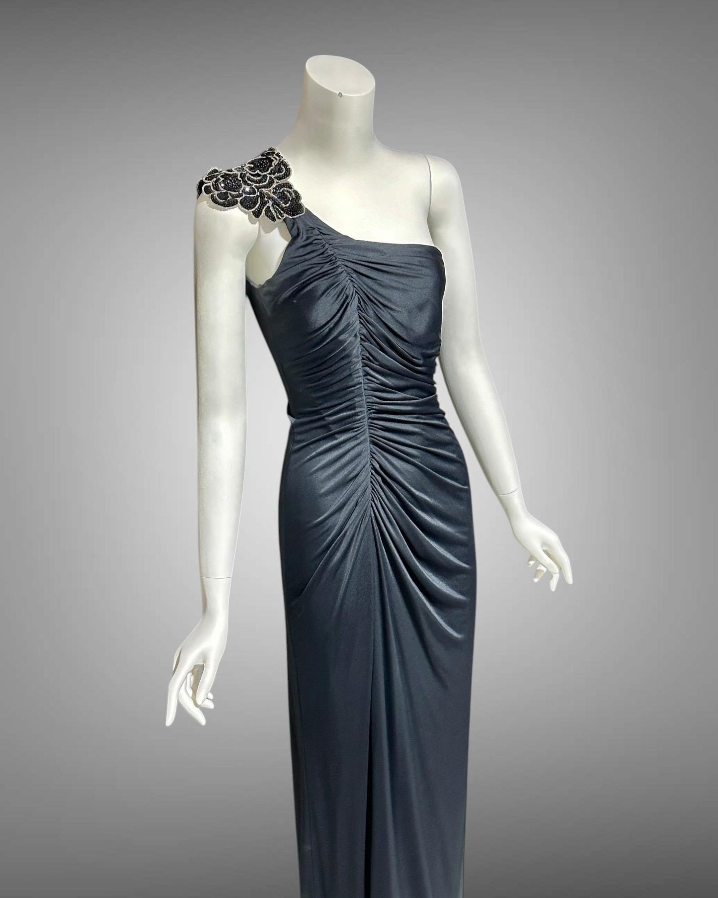 EUGENE ALEXANDER 1980s vintage Slinky Black sheath evening dress, One Shoulder Grecian Goddess gown