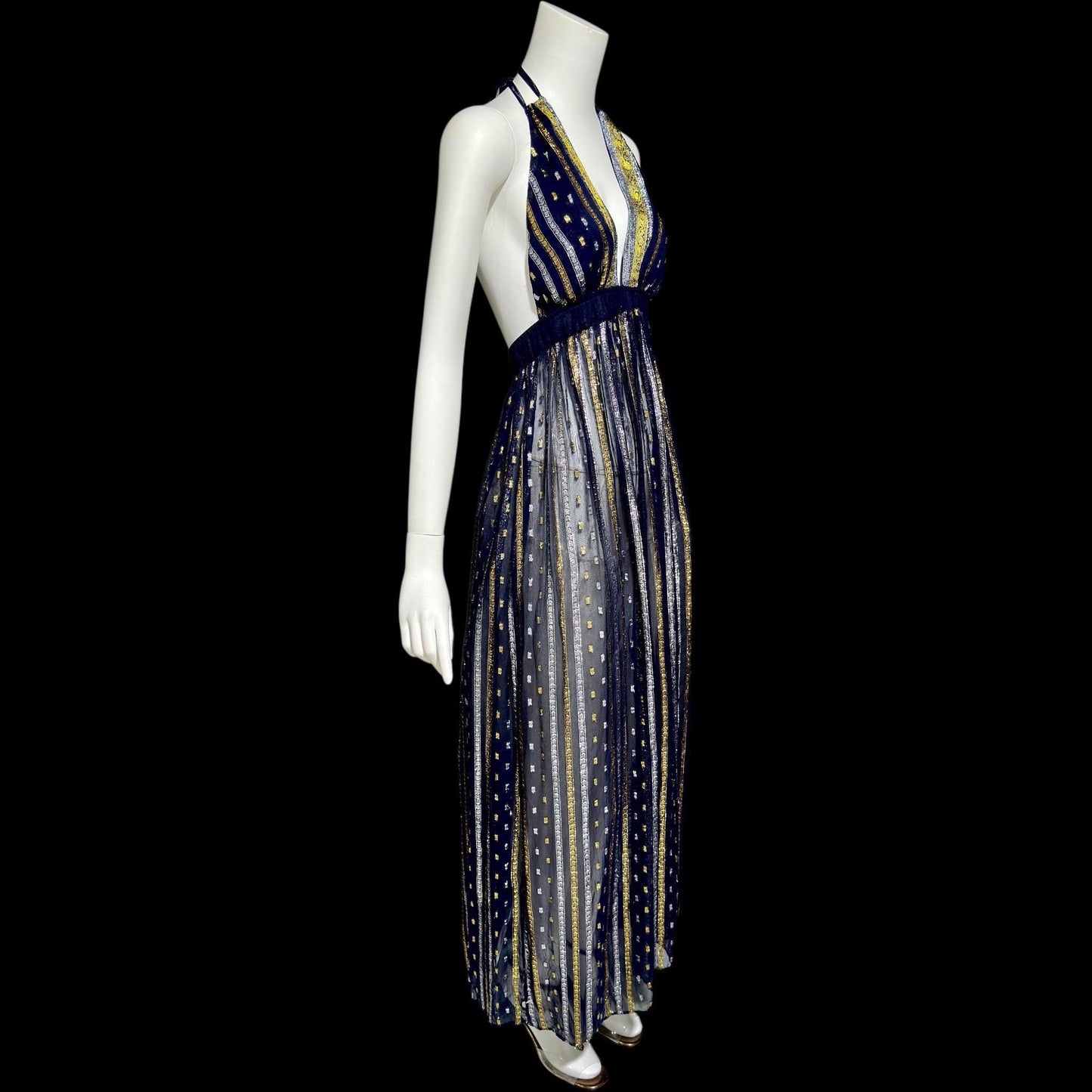 1970s Vintage Disco Diva evening party dress, sheer nylon and metallic halter gown, studio 54 disco