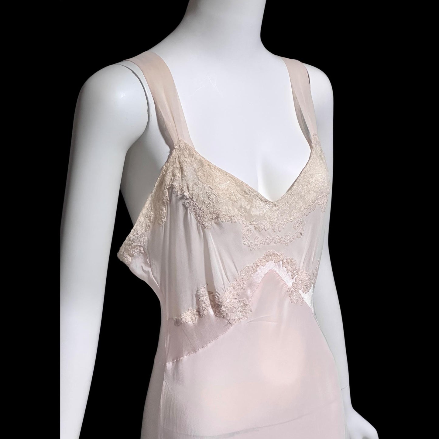 1930s Rayon & Silk Slip Dress: Vintage Bias Cut Pale Pink Nightgown, Lace Trim