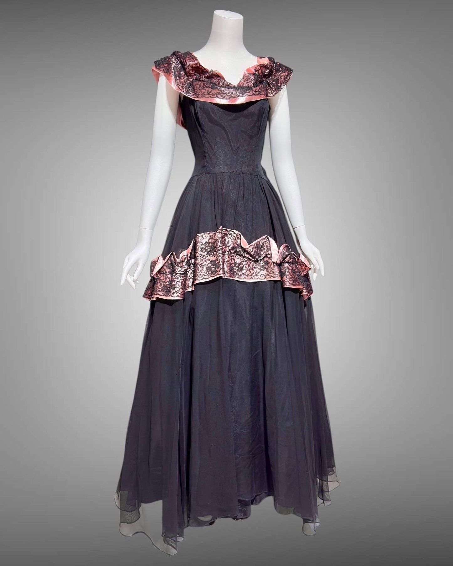 1940s vintage evening dress gown, Black mesh and pink Satin ball gown