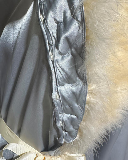 NATORI vintage 1980s dressing gown robe, shiny silver grey marabou feather trim peignoir housecoat
