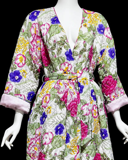 MARY MCFADDEN vintage quilted floral robe, 1980s bold flowers wrap front full length long robe, medium