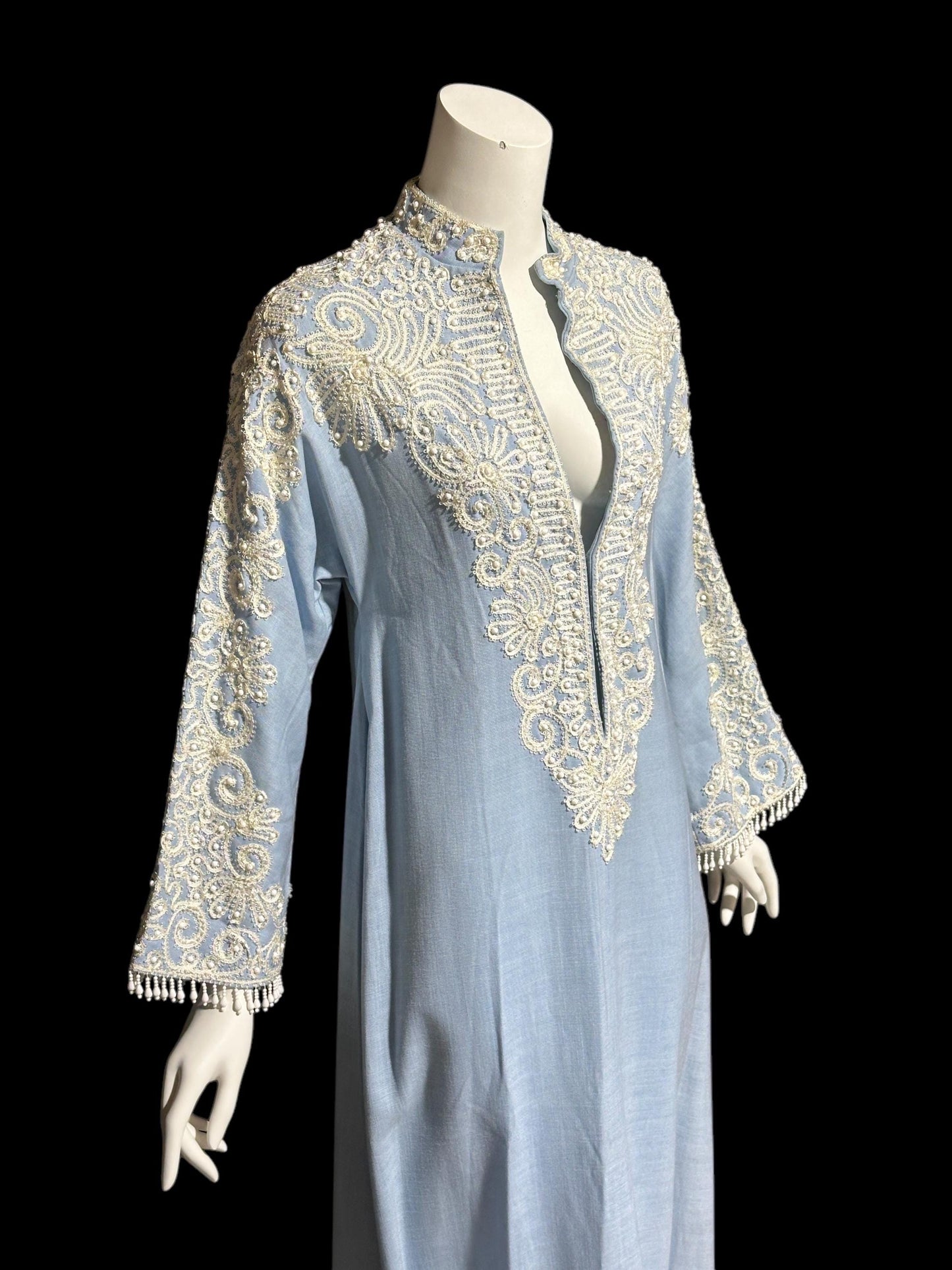 REBECCA vintage linen caftan evening dress, BONWIT TELLER 1960s heavily beaded soutache blue cruise cocktail gown