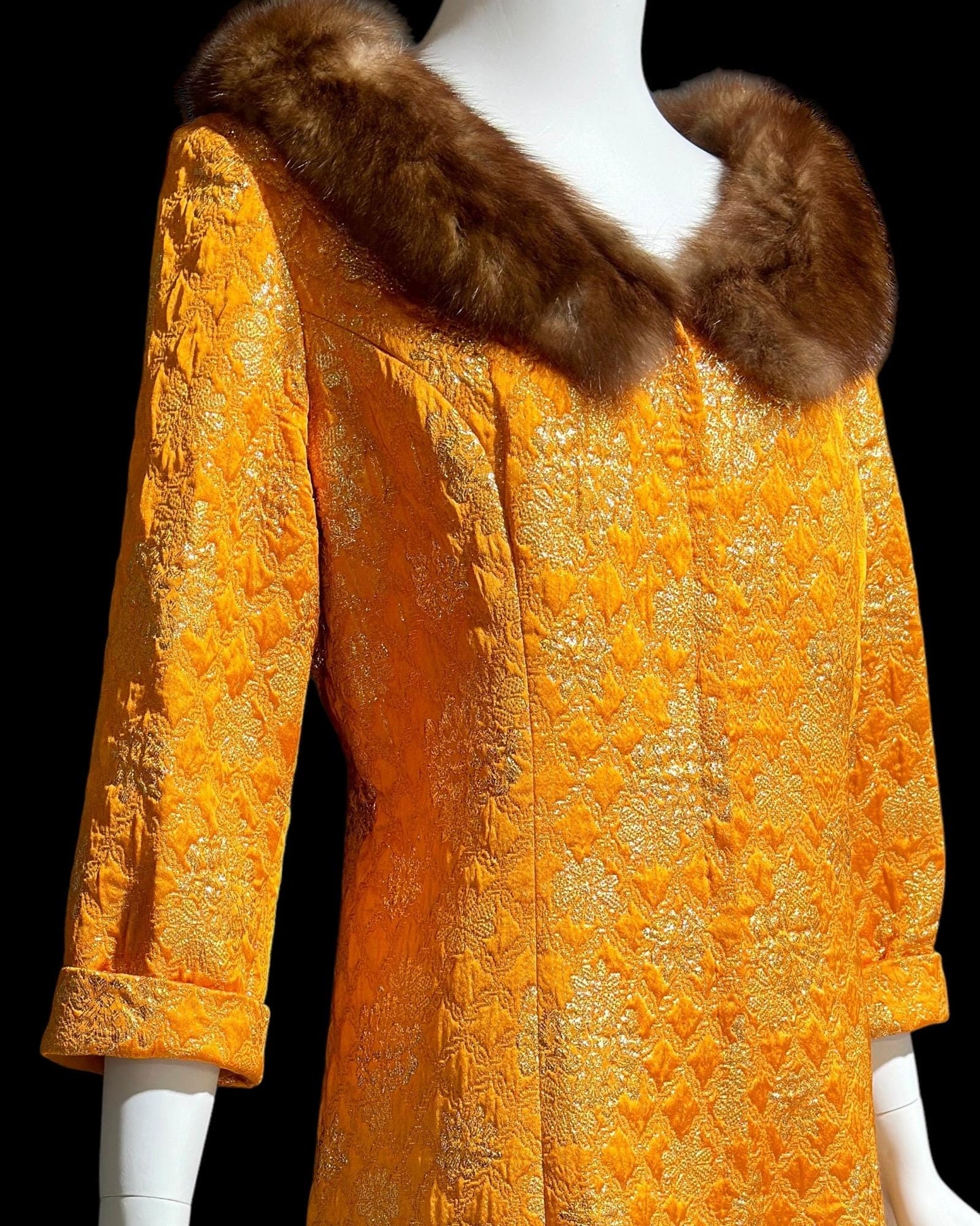 MALOUF PERFECT NEGLIGEE, vintage 1950s orange gold metallic brocade shift dressing gown robe, front zip mink fur trim