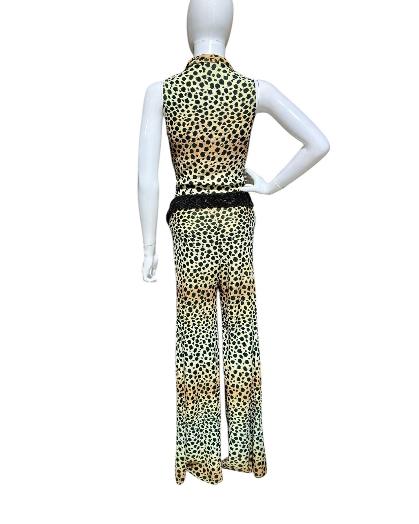 1970s vintage jumpsuit, Animal print BOND GIRL, bell bottom wide leg zip up jump suit