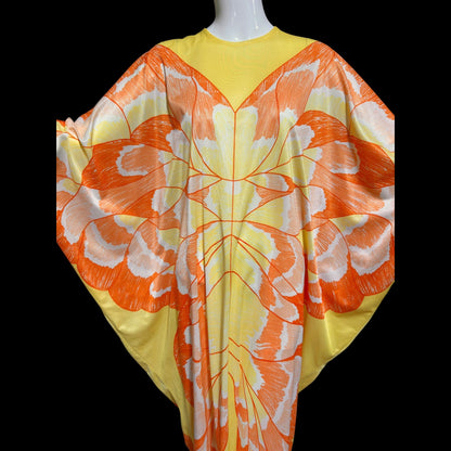1970s Vintage butterfly caftan dress, Yellow and orange nylon butterfly motif loose house party dress