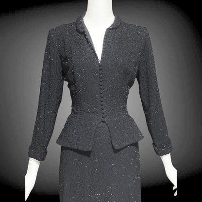 CEIL CHAPMAN vintage 1940s Beaded Evening Suit, Black crepe Cocktail Skirt and Jacket set