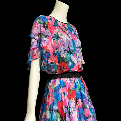 DIANE FREIS vintage 1980s silk dress, Neiman Marcus floral gypsy dress, flutter sleeves high low ruffle cocktail dress