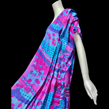 SULTANA by ADINI vintage 1970s caftan dress, blue purple and hot pink op art rayon