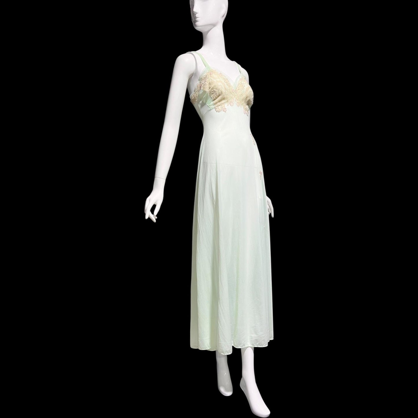 VAN RAALTE MYTH vintage 1950s Nightgown Slip Dress: Pale celadon green Nylon beaded night Dress