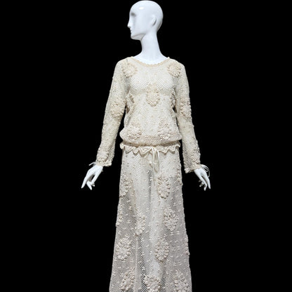 1970s vintage crochet dress, 2 pieces, Cotton blouson top & maxi skirt