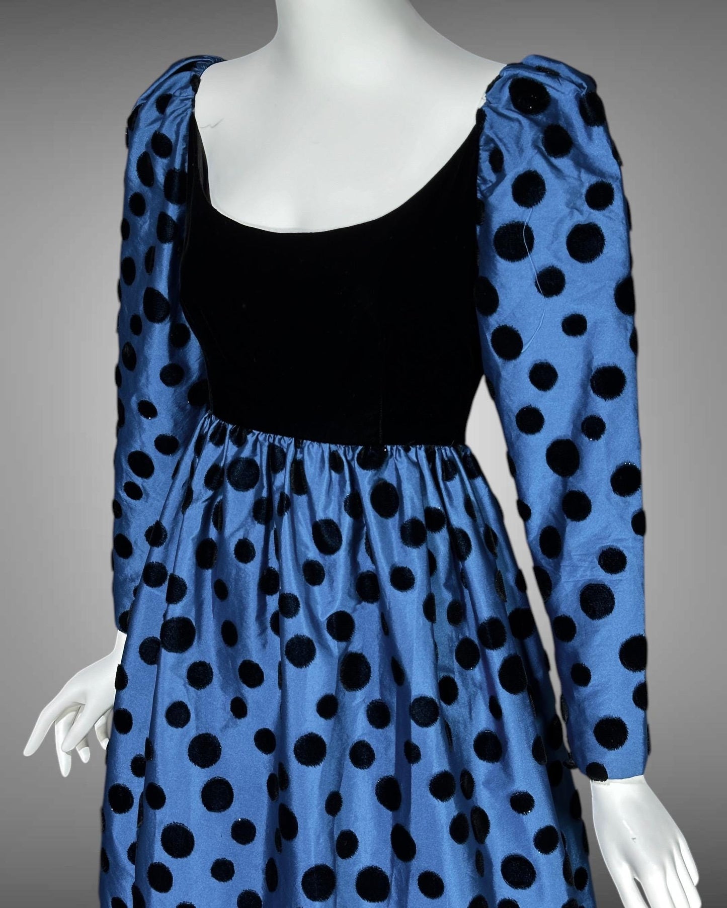 ADELE SIMPSON vintage 1960s evening dress, steel blue taffeta with black velvet flocked polka dots